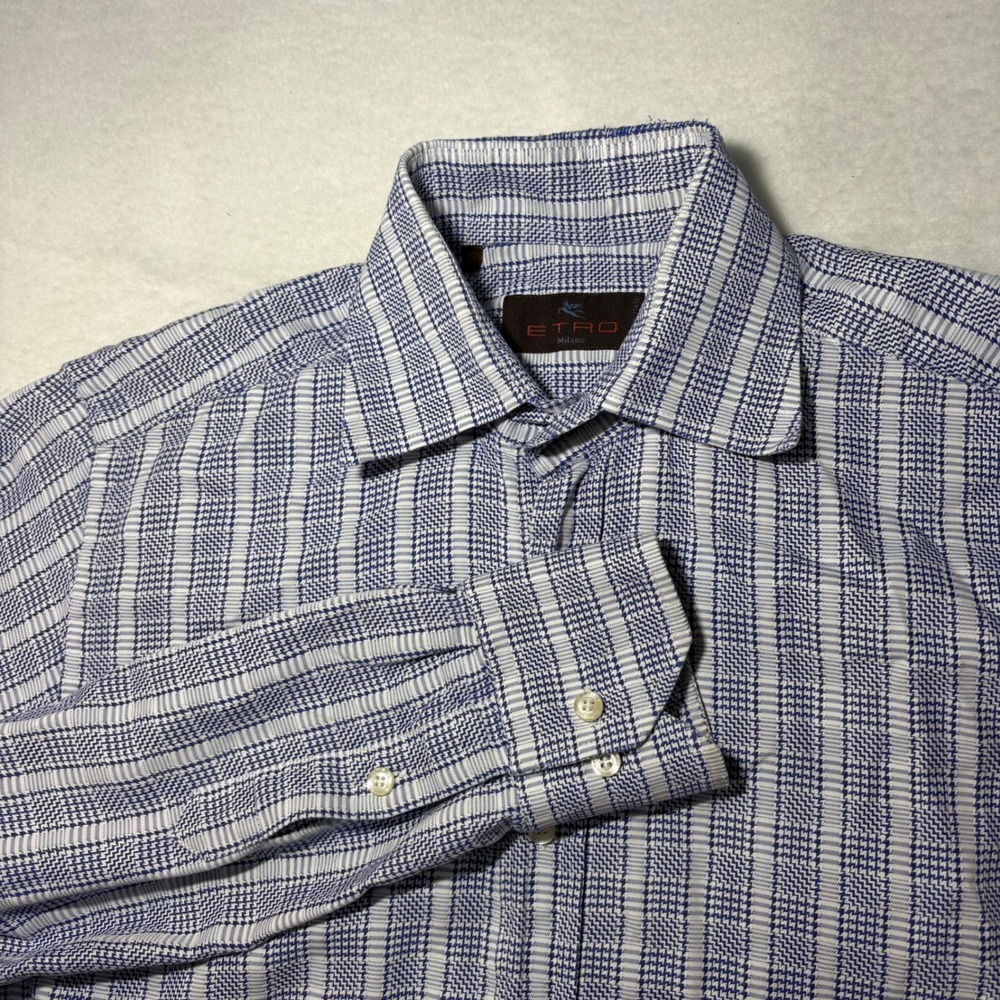 ETRO Milano Dress Shirt Mens 38 Blue White Textured‎ Stripe Made in Italy Luxury